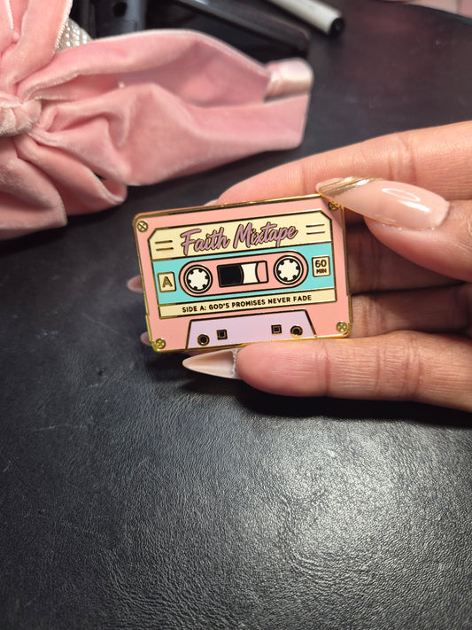 Faith Mixtape Enamel Pin - close-up detail on backing card - Faith Focused Lifestyle
