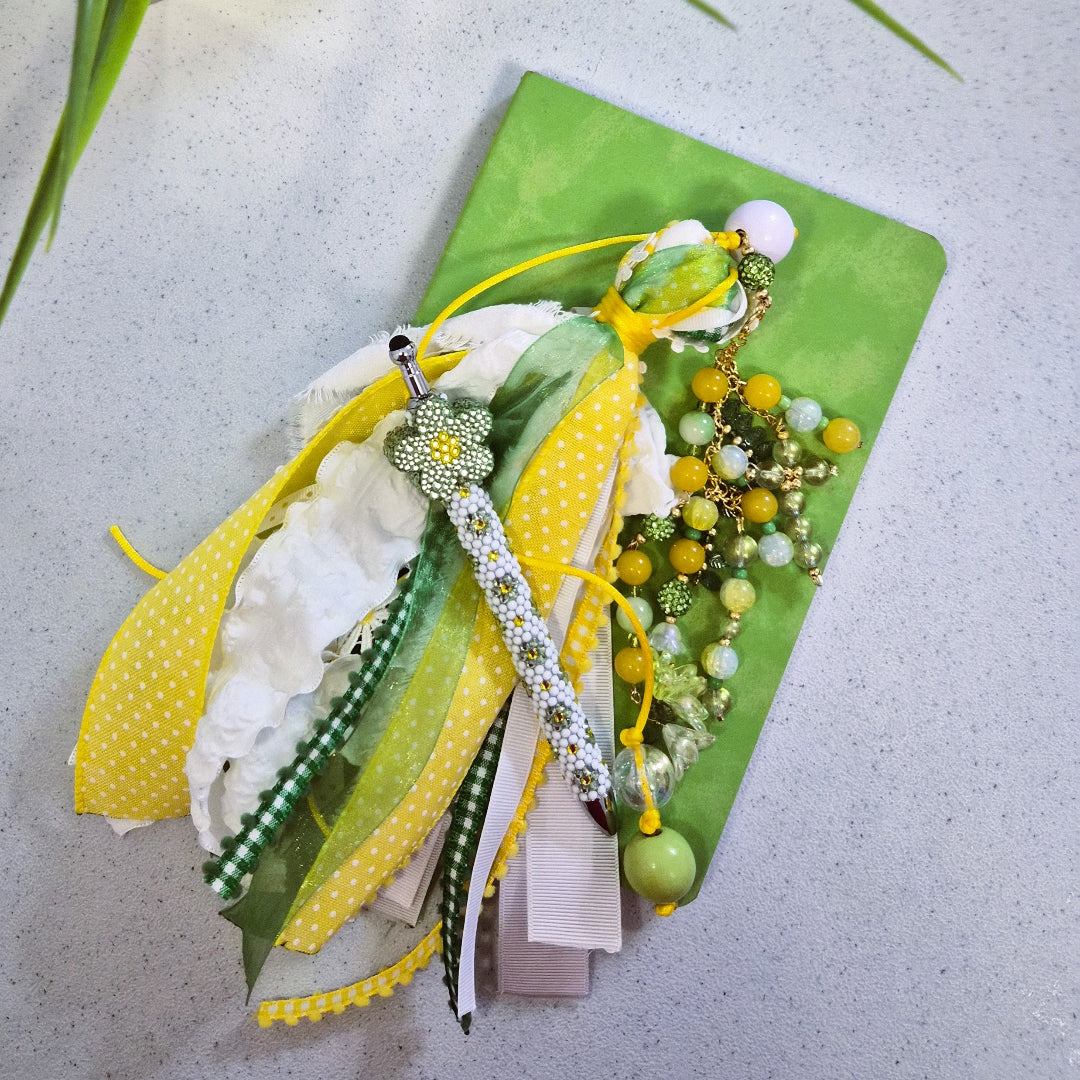 Flourish Bible Tassel Bookmark | Beaded Ribbon Bible Marker | Green & Yellow Faith Bookmark