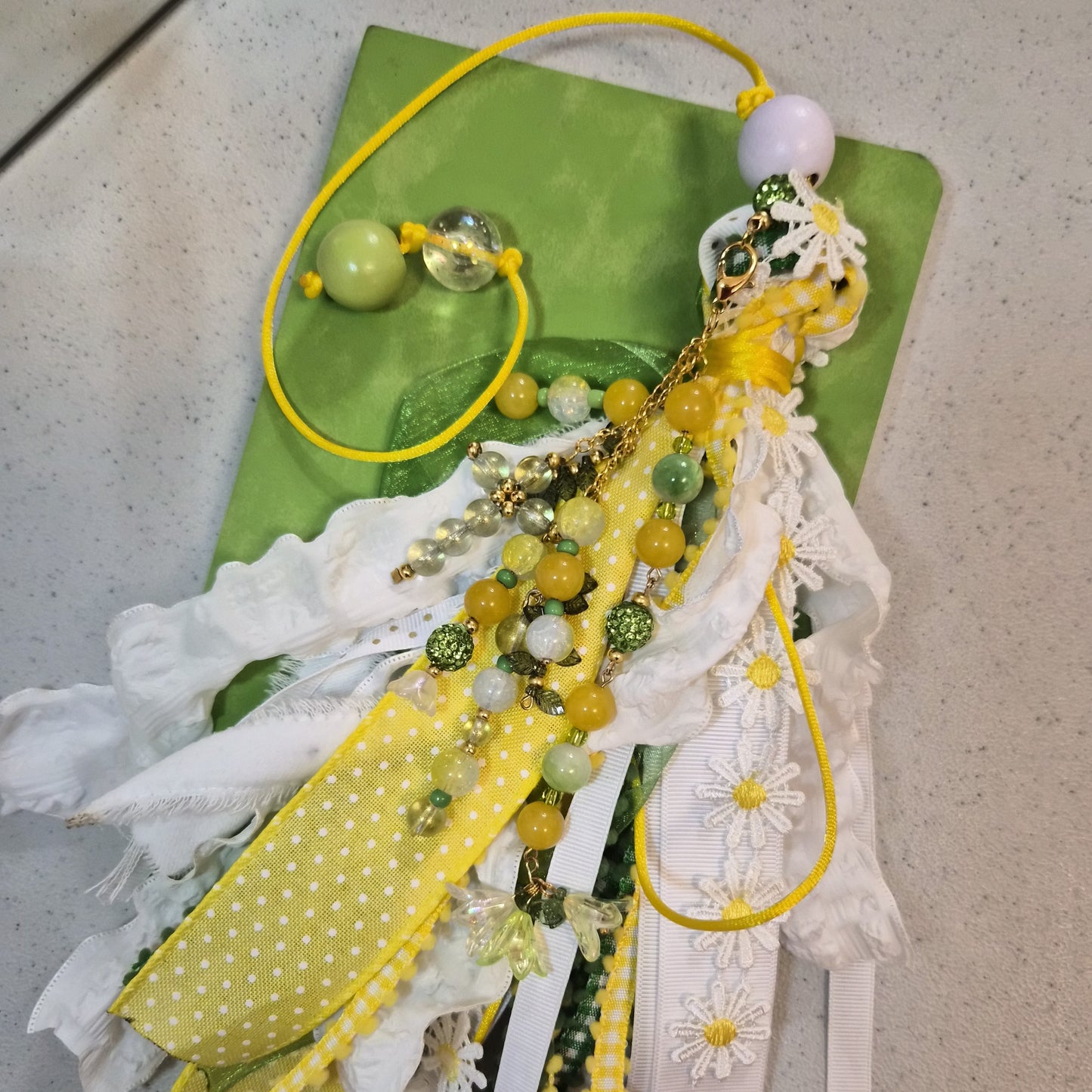 Flourish Bible Tassel Bookmark | Beaded Ribbon Bible Marker | Green & Yellow Faith Bookmark