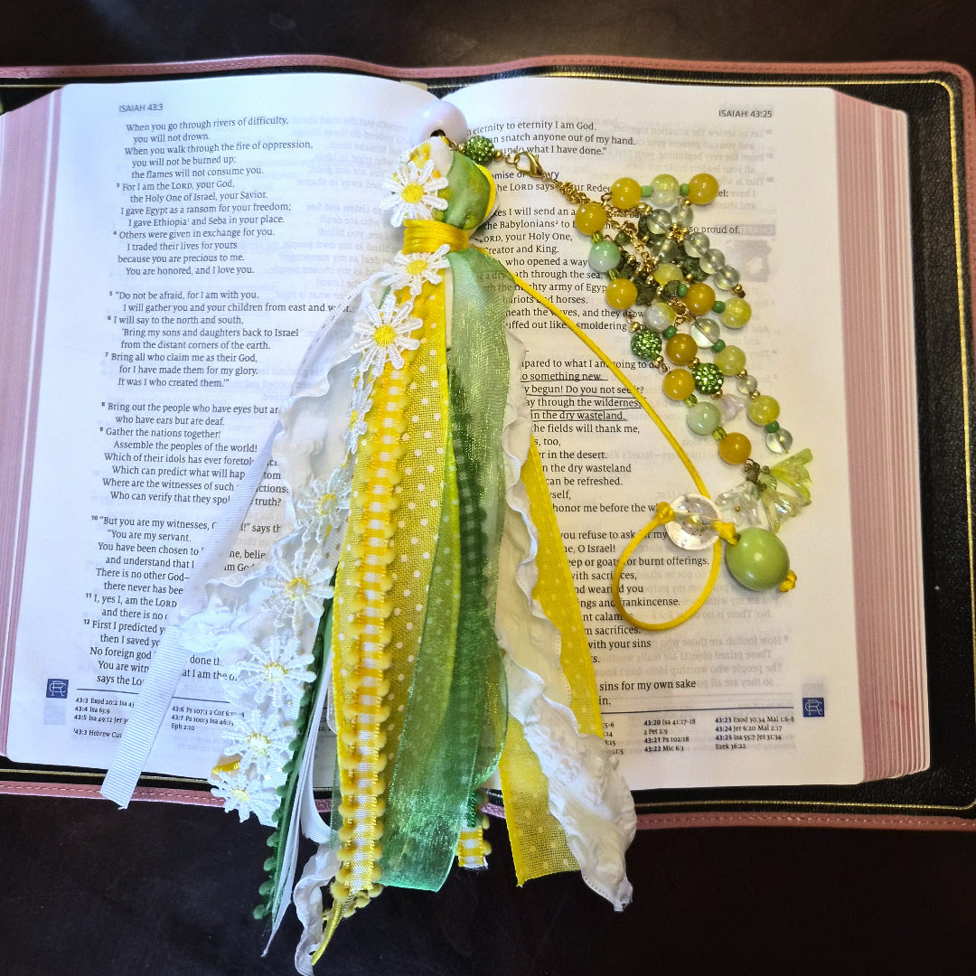 Flourish Bible Tassel Bookmark | Beaded Ribbon Bible Marker | Green & Yellow Faith Bookmark