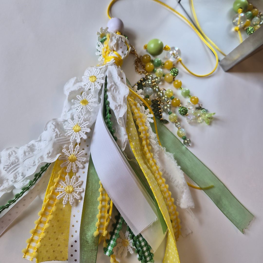 Flourish Bible Tassel Bookmark | Beaded Ribbon Bible Marker | Green & Yellow Faith Bookmark