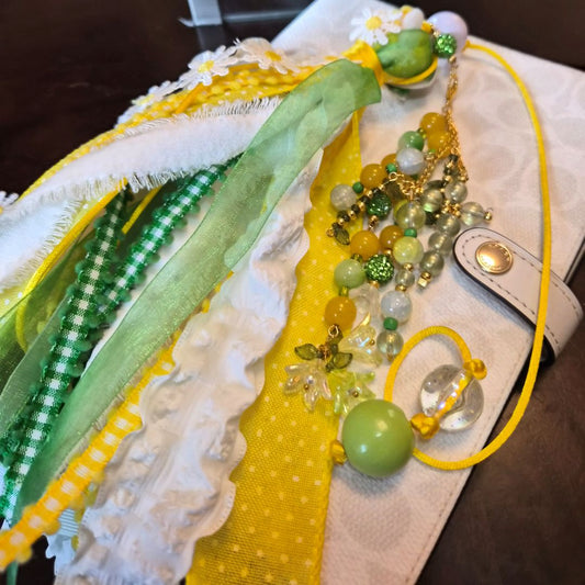 Flourish Bible Tassel Bookmark | Beaded Ribbon Bible Marker | Green & Yellow Faith Bookmark