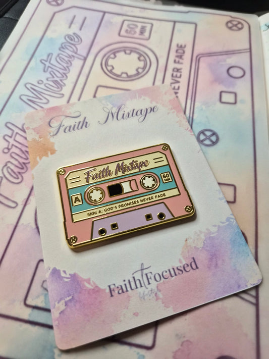 Faith Mixtape Enamel Pin - cassette tape design front view - Faith Focused Lifestyle