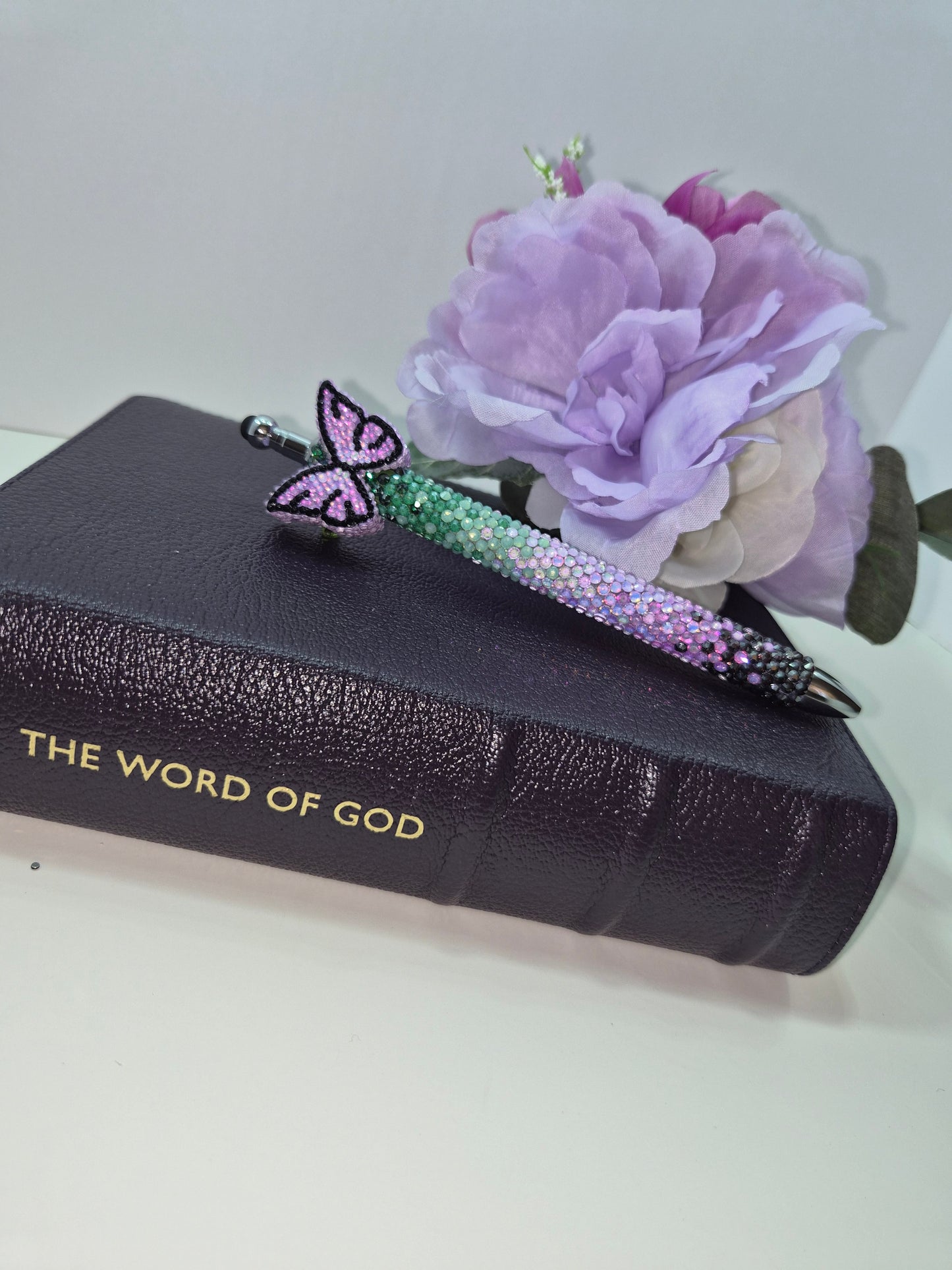 Transformed Pen | Butterfly Rhinestone Faith Pen | Purple & Green Ombré